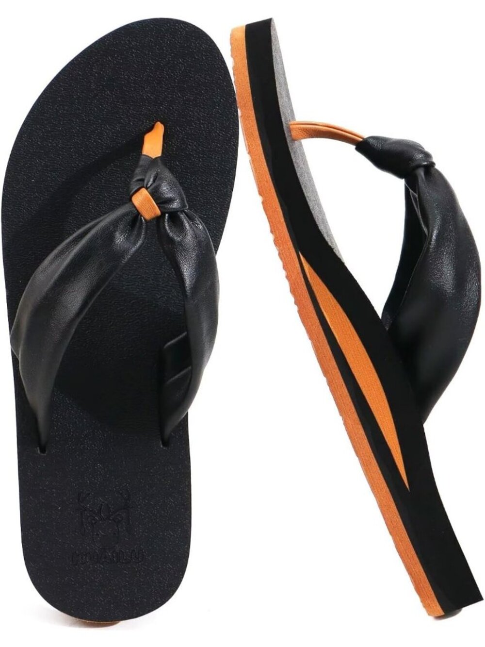 Women's Black Khaki Faux Leather Flip Flops With Arch Support Outdoor Slippers